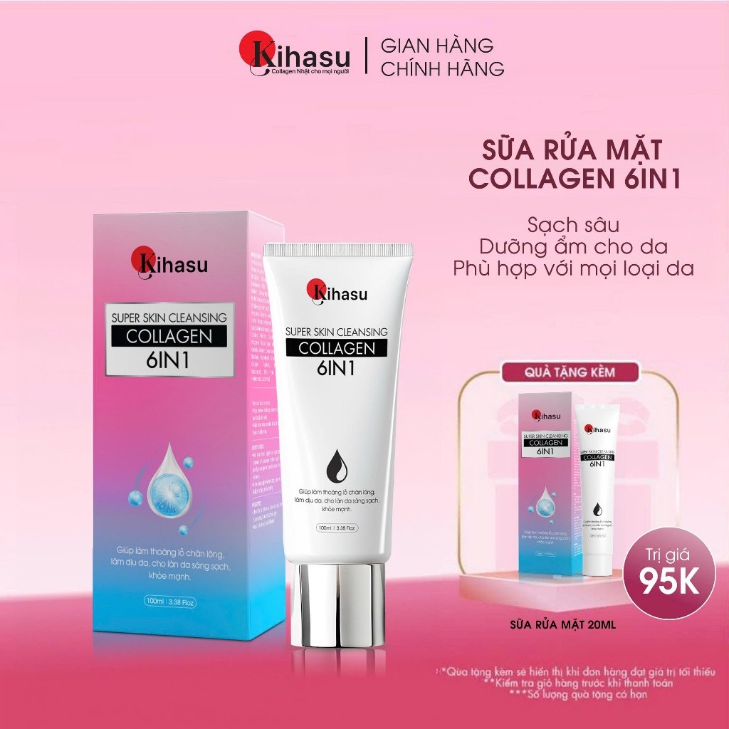 Sữa rửa mặt trắng da Kihasu Collagen 6in1 100ml, Sạch sâu, Dưỡng ẩm, Sáng da cho Da khô, xỉn màu, nh