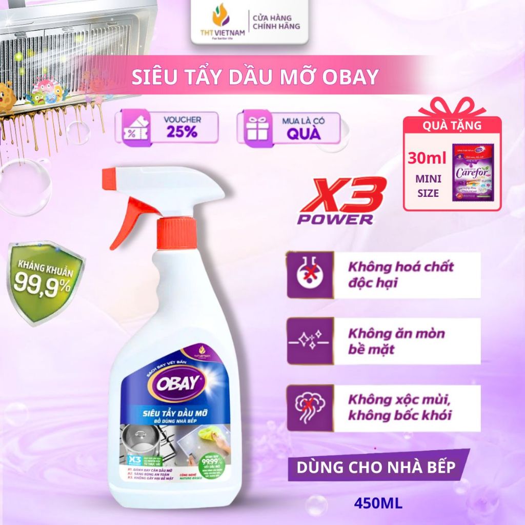 Xịt Tẩy Dầu Mỡ Obay 450ml tẩy dầu mỡ nhà bếp đa năng Trên Mọi Bề Mặt Không Gây Ăn Mòn Không Hoá Chất Độc Hại