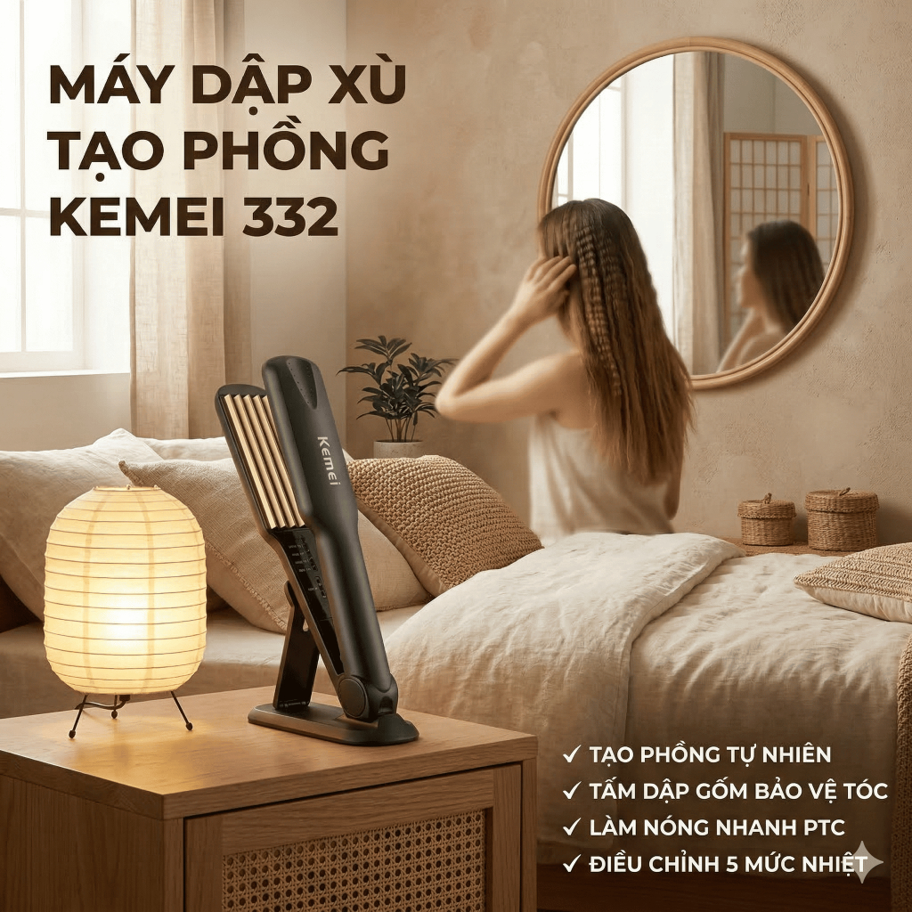 Máy Dập Phồng Chân Tóc Kemei 332 4 Mức Nhiệt Thông Minh,Tạo Kiểu Tóc Phồng Nhỏ Gọn, Tiện Lợi Mang Đi