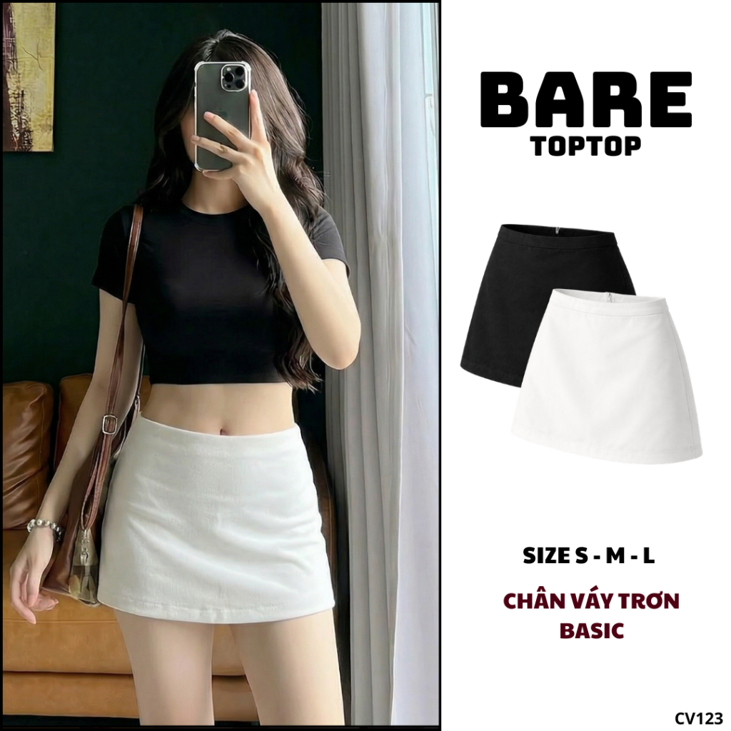 𝐁𝐀𝐑𝐄𝐓𝐎𝐏𝐓𝐎𝐏_Chân Váy Trơn Chữ A KOBAN FASHION - Phong Cách Y2K Phối Trắng Đen Có Quần Bảo Hộ_CV123
