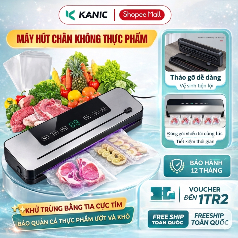Máy hút chân không KANIC hoàn toàn tự động, máy đóng gói thực phẩm hàn miệng túi khử trùng bằng tia cực tím