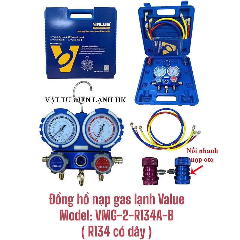 Bộ đồng hồ nạp gas oto R134 (full bộ như hình) kèm dây và van nối nhanh ga ô tô R134a VMG-2-R134A-B 