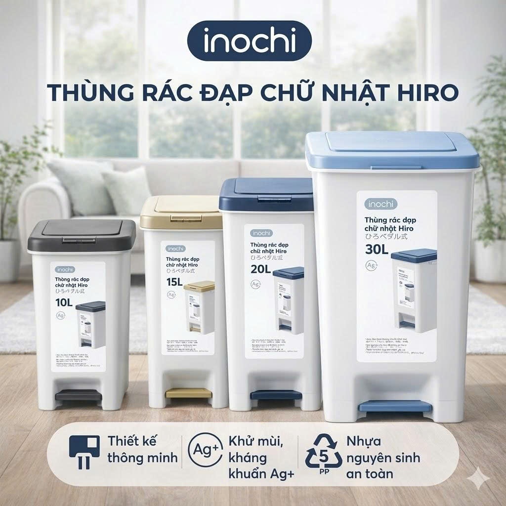 Thùng rác đạp chữ nhật Inochi nhựa nguyên sinh, kèm ruột, Size 10-15-20L có nắp ấn mở