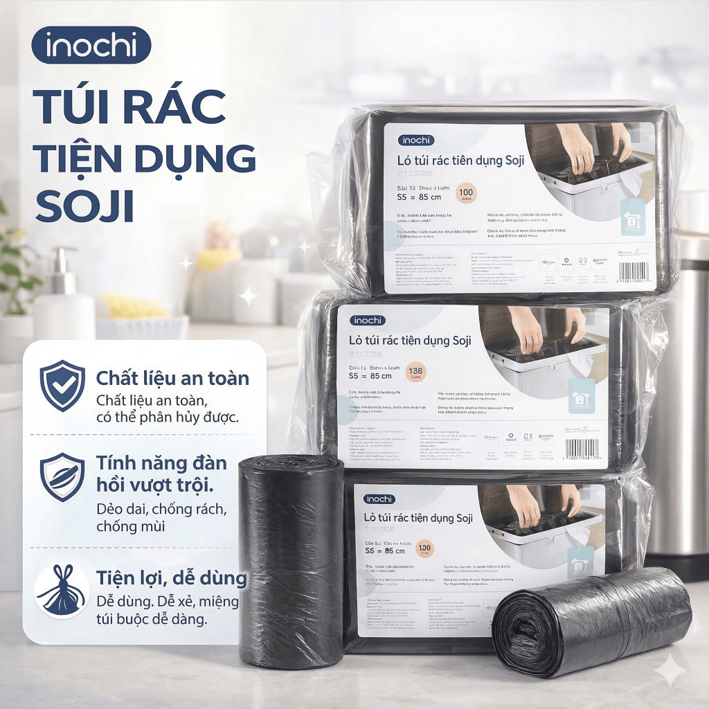 Lô túi rác tiện dụng Inochi (4 cuộn) - Túi rác đen/màu tự hủy, an toàn , có quai xách tiện lợi