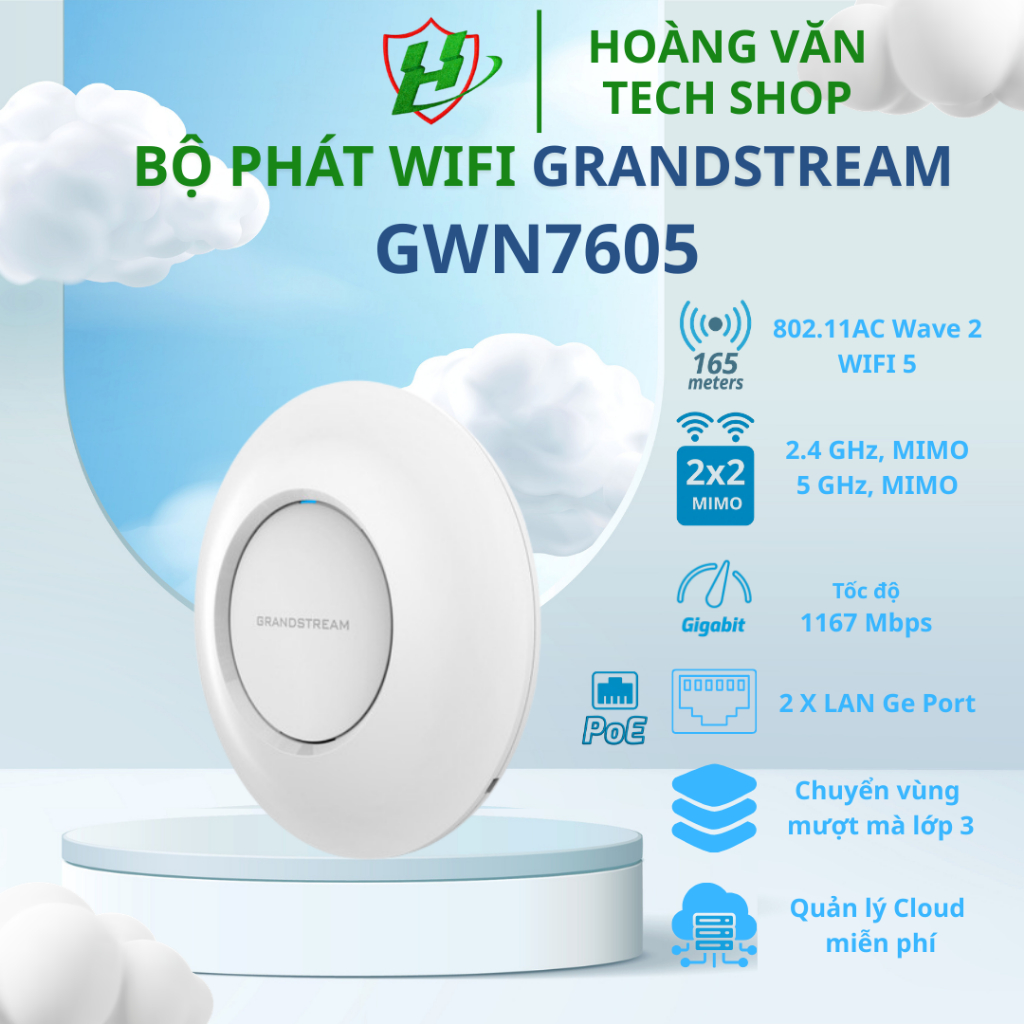 Bộ phát Wifi Grandstream GWN7605, Hỗ trợ 100+ user, Chuẩn AC MU-MIMO 1167Mbps