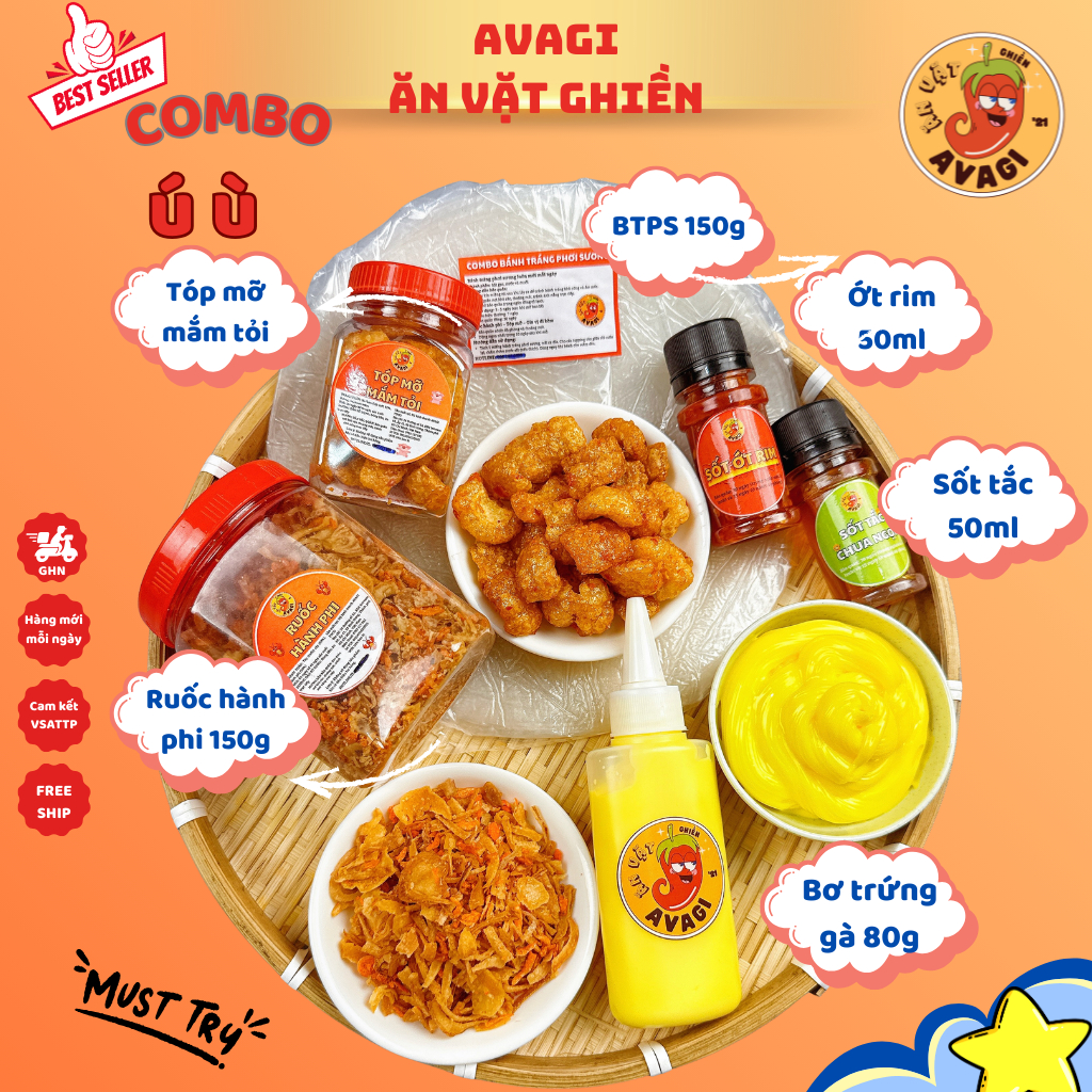 Bánh tráng Phơi Sương COMBO Ú Ù AVAGI (Bánh tráng + Tóp mỡ + túi Bơ + Ruốc hành phi) (1 sốt tắc + ớt rim)