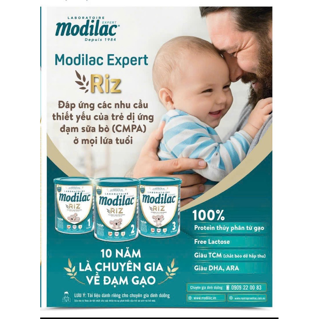 Sữa Modilac Expert Riz (1-2-3) cho bé dị ứng đạm sữa bò và bất dung nạp lactose / Lon 800gr