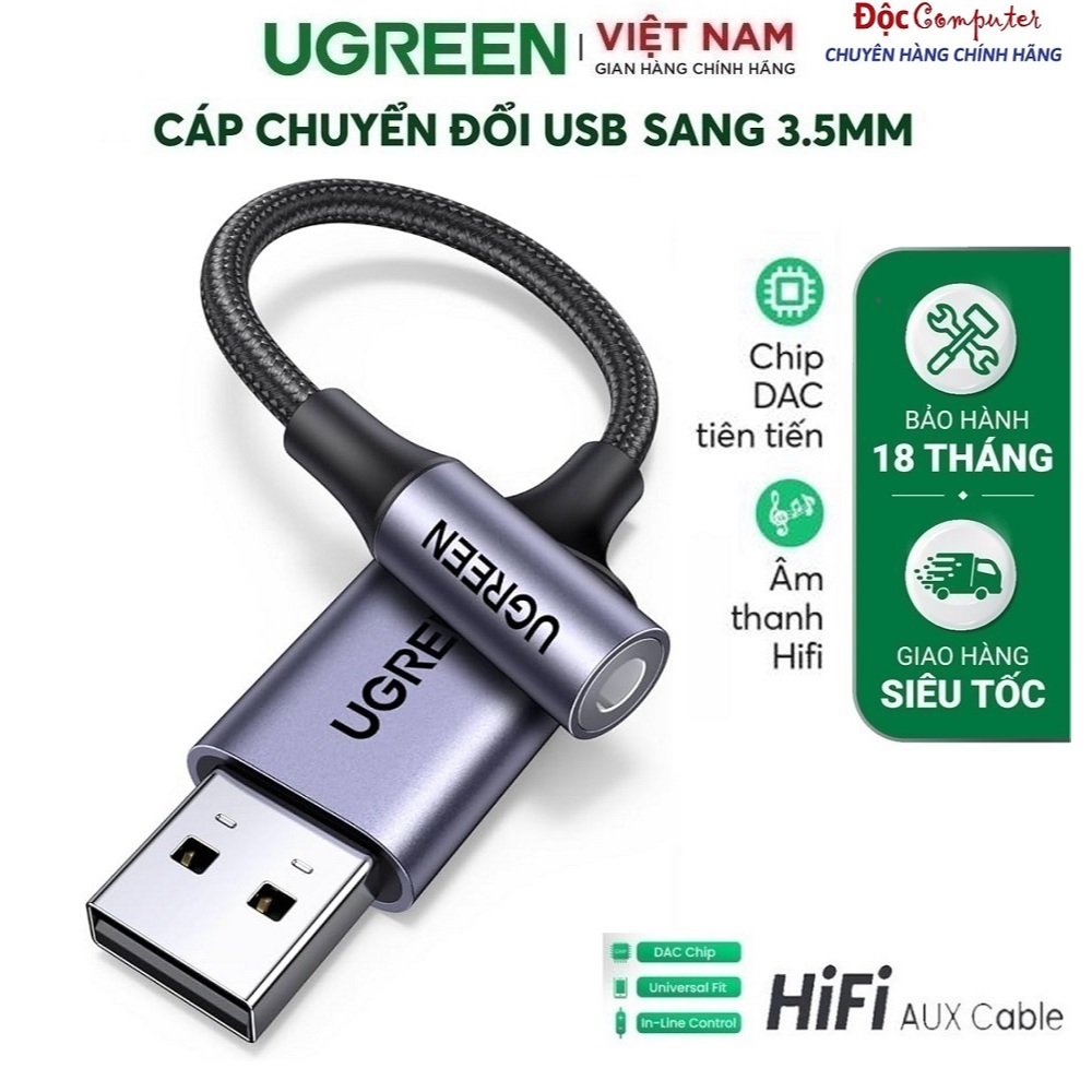 Cáp chuyển đổi Âm Thanh từ USB 2.0 Sang 3.5mm Dây Dù bọc Nhôm Hỗ Trợ Mic chính hãng Ugreen 30757/801
