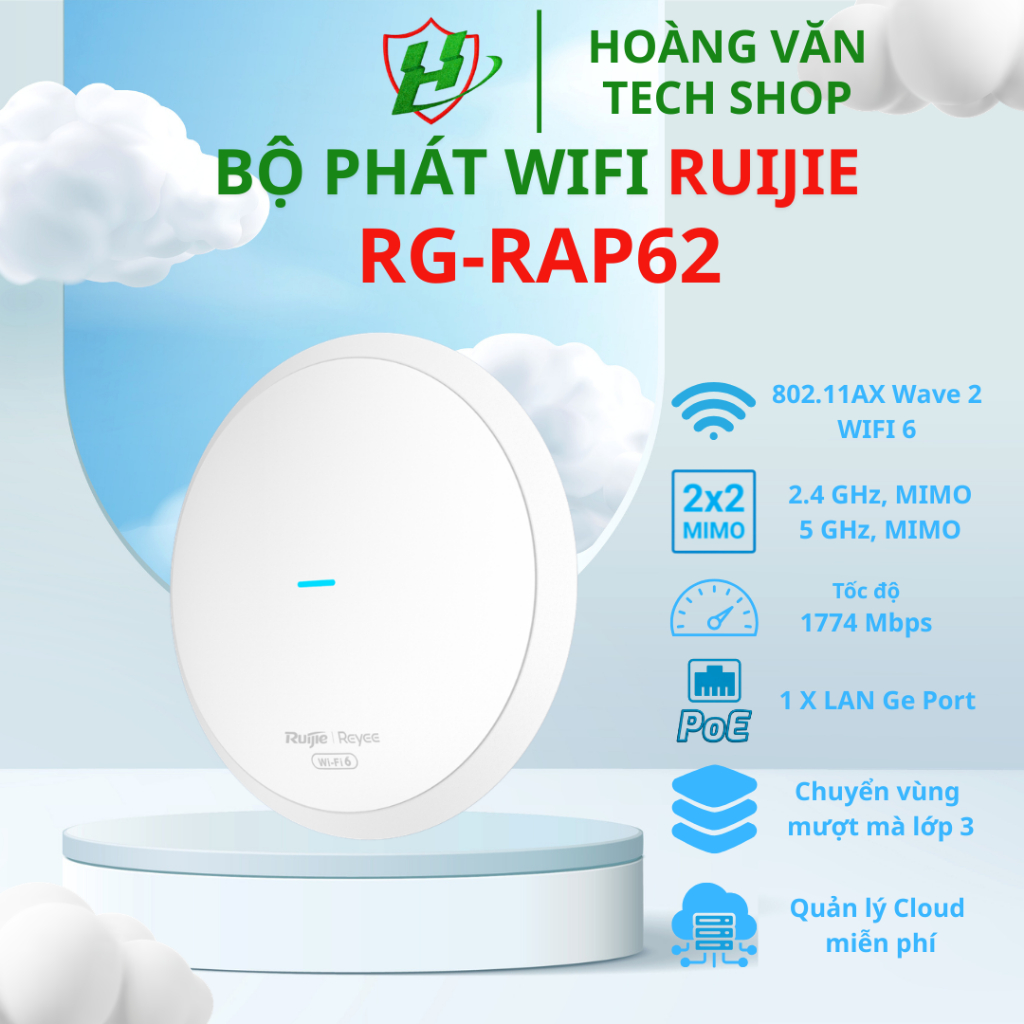 Bộ Phát Wi-Fi 6 Gắn Trần Ruijie Reyee RG-RAP62 AX1800-Tốc Độ Cao, Chịu Tải 110 User, Cloud Miễn Phí