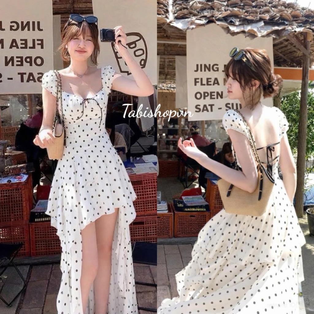Đầm chấm bi đuôi cá hở lưng TABISHOP Váy maxi nữ thiết kế lạ mắt đi biển cafe du lịch(297) | BigBuy360 - bigbuy360.vn