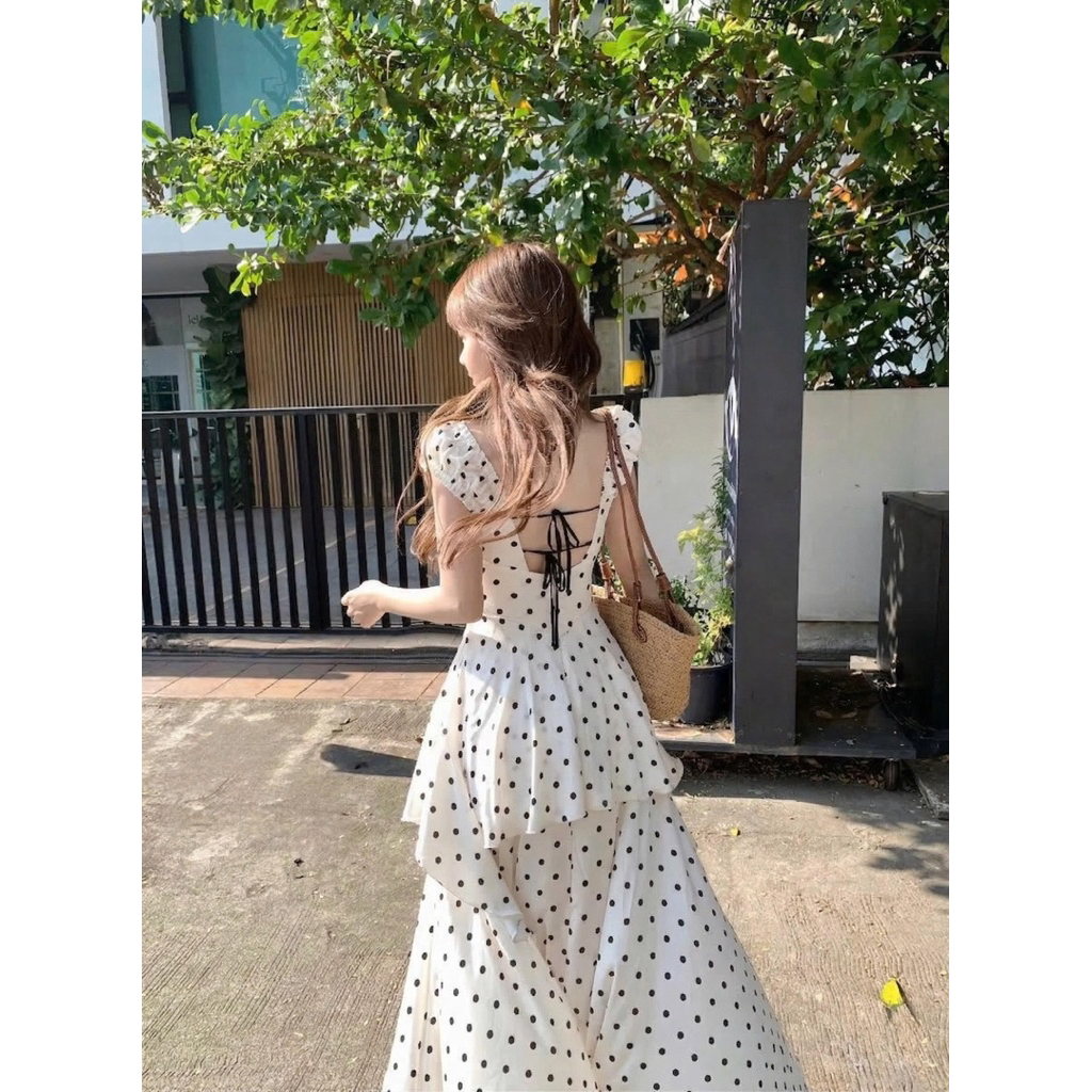 Đầm chấm bi đuôi cá hở lưng TABISHOP Váy maxi nữ thiết kế lạ mắt đi biển cafe du lịch(297) | BigBuy360 - bigbuy360.vn
