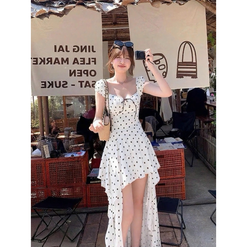 Đầm chấm bi đuôi cá hở lưng TABISHOP Váy maxi nữ thiết kế lạ mắt đi biển cafe du lịch(297) | BigBuy360 - bigbuy360.vn