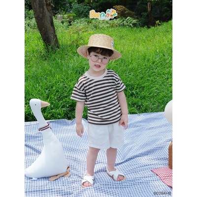 Áo cộc tay Beemo cổ tròn hoạ tiết kẻ ngang vải thun tăm co giãn cho bé đi học, đi chơi 6039AHB