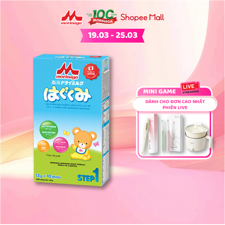 [24-25.03 LIVE] Sữa Morinaga Số 1 Hagukumi Nhật Bản 130g - dạng thanh tiện lợi cho bé từ 0 - 6 tháng (hộp 10 thanh)