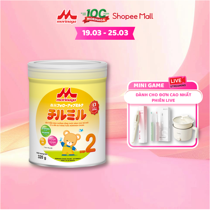 [24-25.03 LIVE] Sữa bột Morinaga số 2 Chilmil hộp 320g nhập khẩu Nhật Bản với Lactoferrin, DHA&ARA, Nucleotides