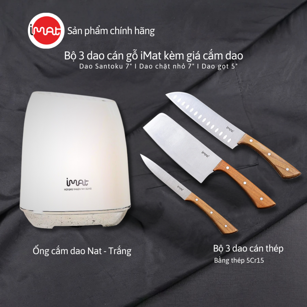 Bộ Dao iMat Inox Cán Gỗ Tự Nhiên | Dao Bếp Sắc Bén 5CR15 Đẹp Sang I Giá Cắm Dao Cao Cấp