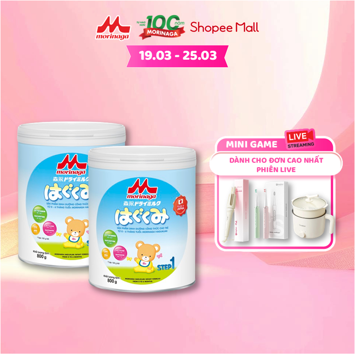 [24-25.03 LIVE] Combo 2 Lon Sữa bột Morinaga Hagukumi Số 1 800g nhập khẩu Nhật Bản với Lactoferrin, DHA&ARA