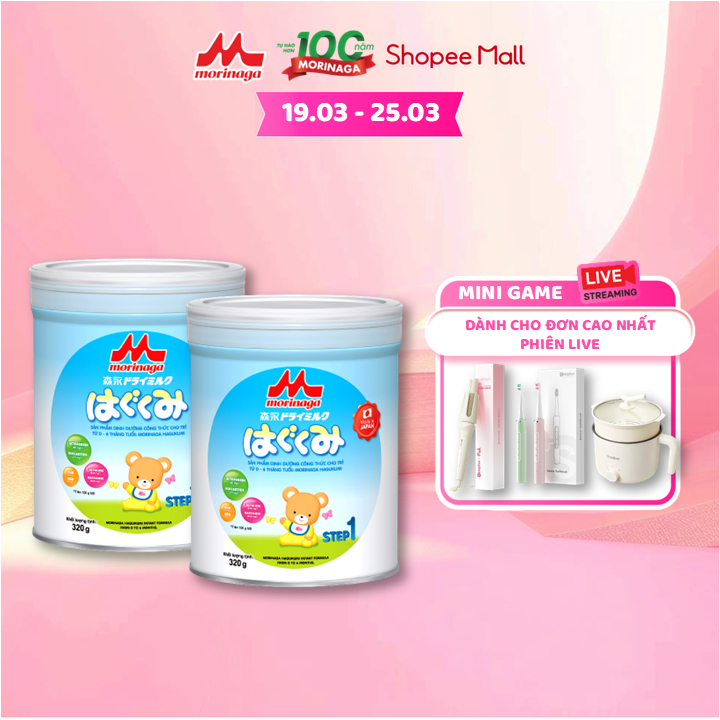 [24-25.03 LIVE] Combo 2 lon sữa bột Morinaga số 1 Hagukumi 320g nhập khẩu Nhật Bản với Lactoferrin, DHA&ARA Date T9/