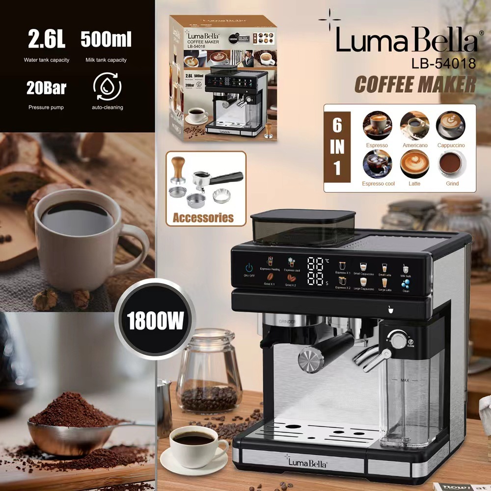Máy pha, xay cà phê tại nhà Lumabella LB54018 tự động xay hạt, đánh sữa, Capuchino, Latte tại nhà