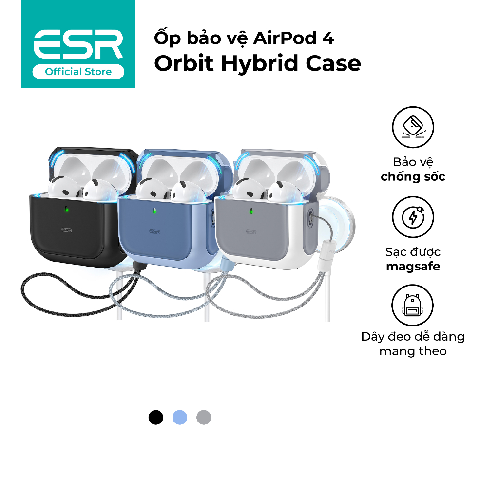 Ốp bảo vệ AirPod 4 ESR Orbit Hybrid Case chống sốc va đập hỗ trợ sạc không dây có dây đeo tay nắp kh