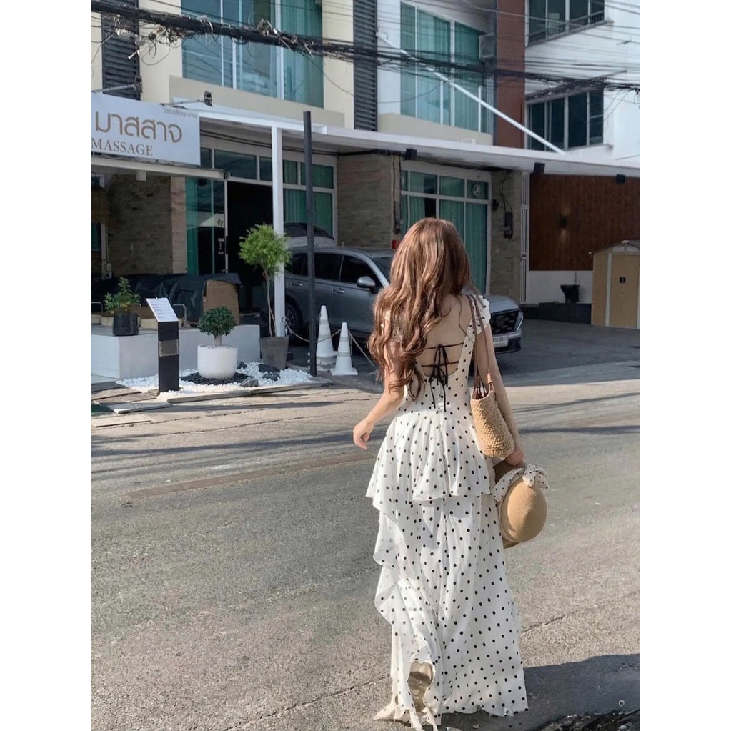 Đầm chấm bi đuôi cá hở lưng TABISHOP Váy maxi nữ thiết kế lạ mắt đi biển cafe du lịch(297) | BigBuy360 - bigbuy360.vn