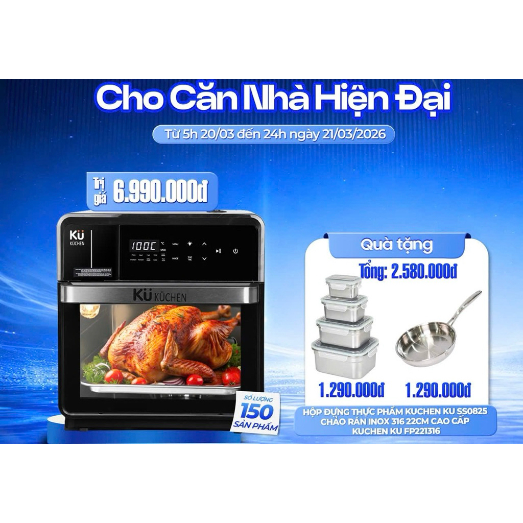 Nồi chiên không dầu kết hợp hấp KUCHEN KU PCL2228 16L bảo hành 24 tháng l Sẵn phụ kiện thay thế
