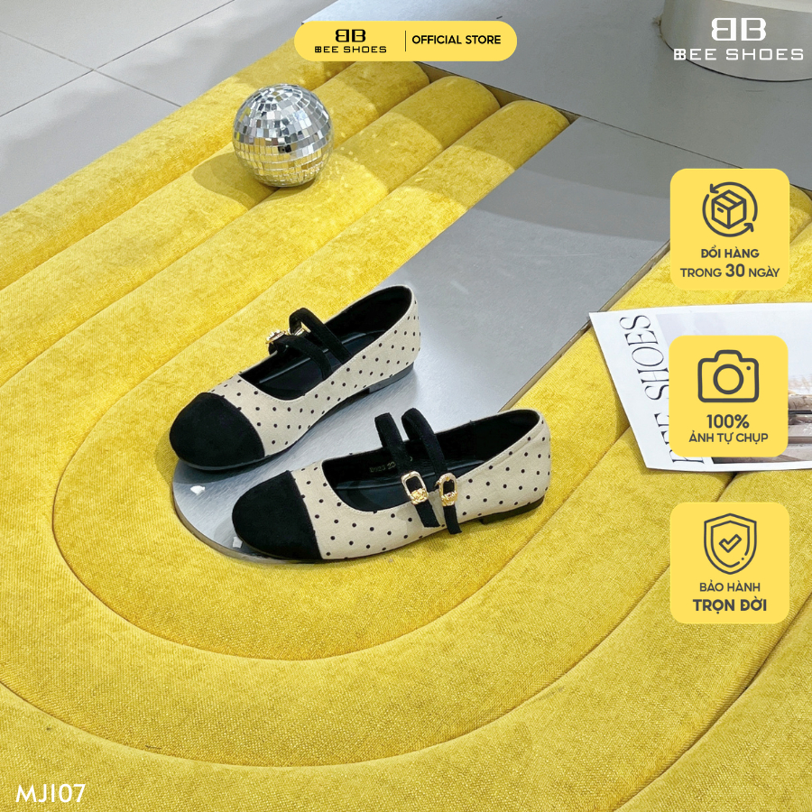 Giày mary jane nữ BEESHOES chấm bi mũi tròn đế thấp 1 phân sẵn màu kem MJ107 (Form 1.5)