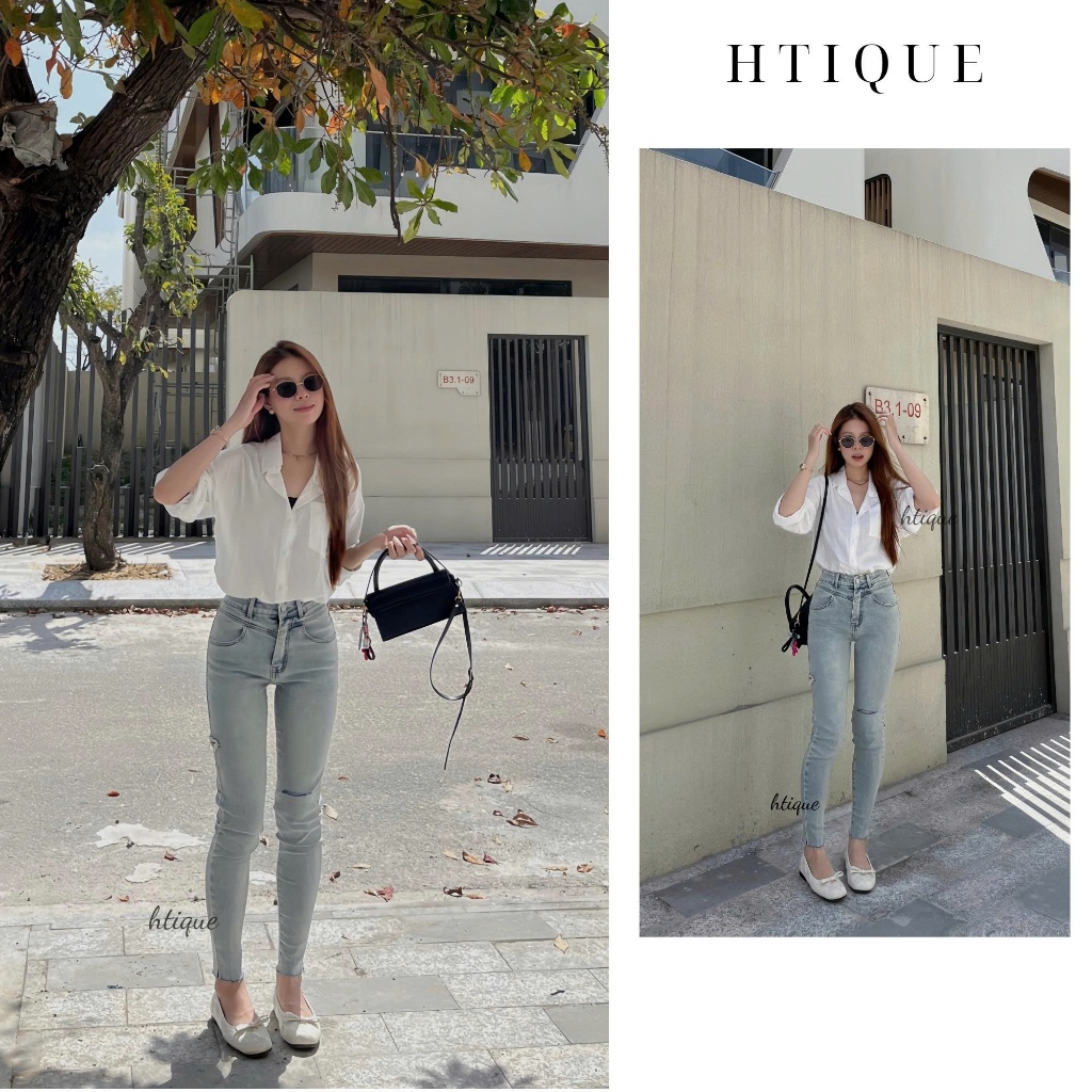 HTIQUE - Mở bán Quần Jeans Skinny Nữ Lưng Cao, Quần Jeans Form Ôm Co Giãn Màu Xanh Nhạt – Cloud Fit 