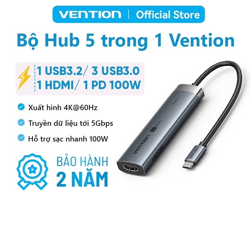 Bộ Hub Chuyển Đổi 5 in 1 Vention, 4 Cổng USB 3.0, HDMI 4K@60Hz, Truyền Dữ Liệu 5Gbps , Hỗ Trợ Micro,Cho Máy Tính, Laptop