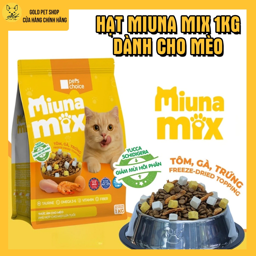 Thức ăn cho mèo MIUNA MIX túi 1kg- hạt cho mèo Mix Topping thịt,trứng,tôm sấy khô - GOLD PET SHOP