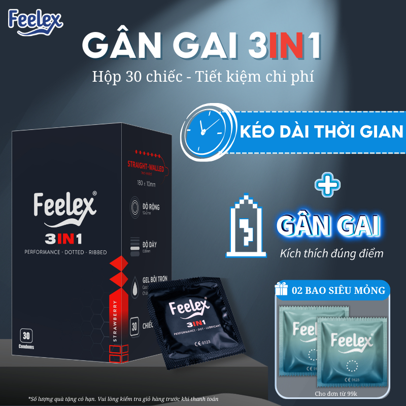 Bao cao su gân gai Feelex 3in1 kéo dài thời gian, gia tăng khoái cảm, siêu mỏng