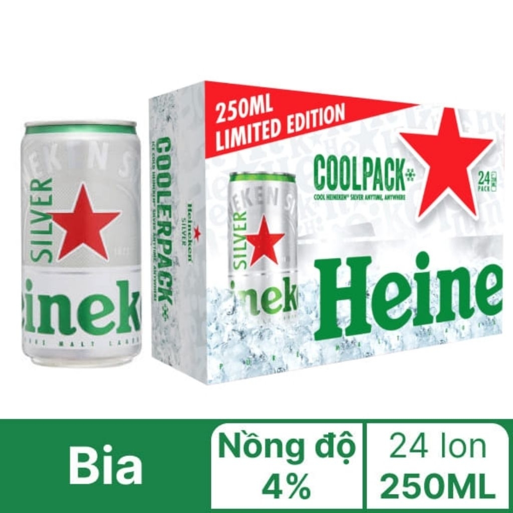 bia Heineken bạc 4% độ lon lùng (thùng 24 lon 250ml )đậm đà thơm ngon lên men tự nhiên cho hương vị 