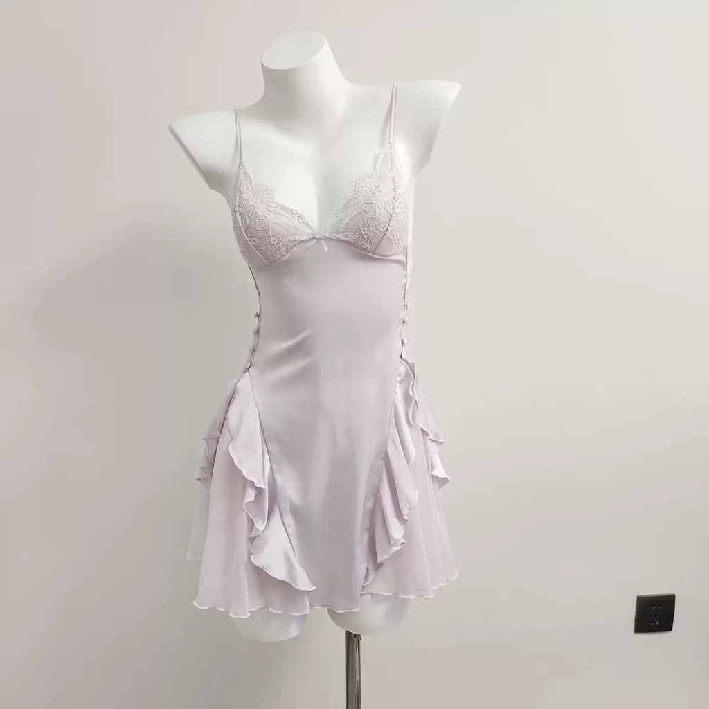 ❤️Hàng QC❤️Váy ngủ 2s phối ren xinh[có lót tai thỏ]_lụa satin co giãn B550.