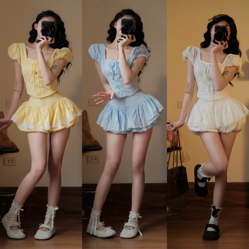 Set áo sơ mi cổ vuông + Quần bí giả váy HH117 HaLuu Store thích hợp cho mùa hè