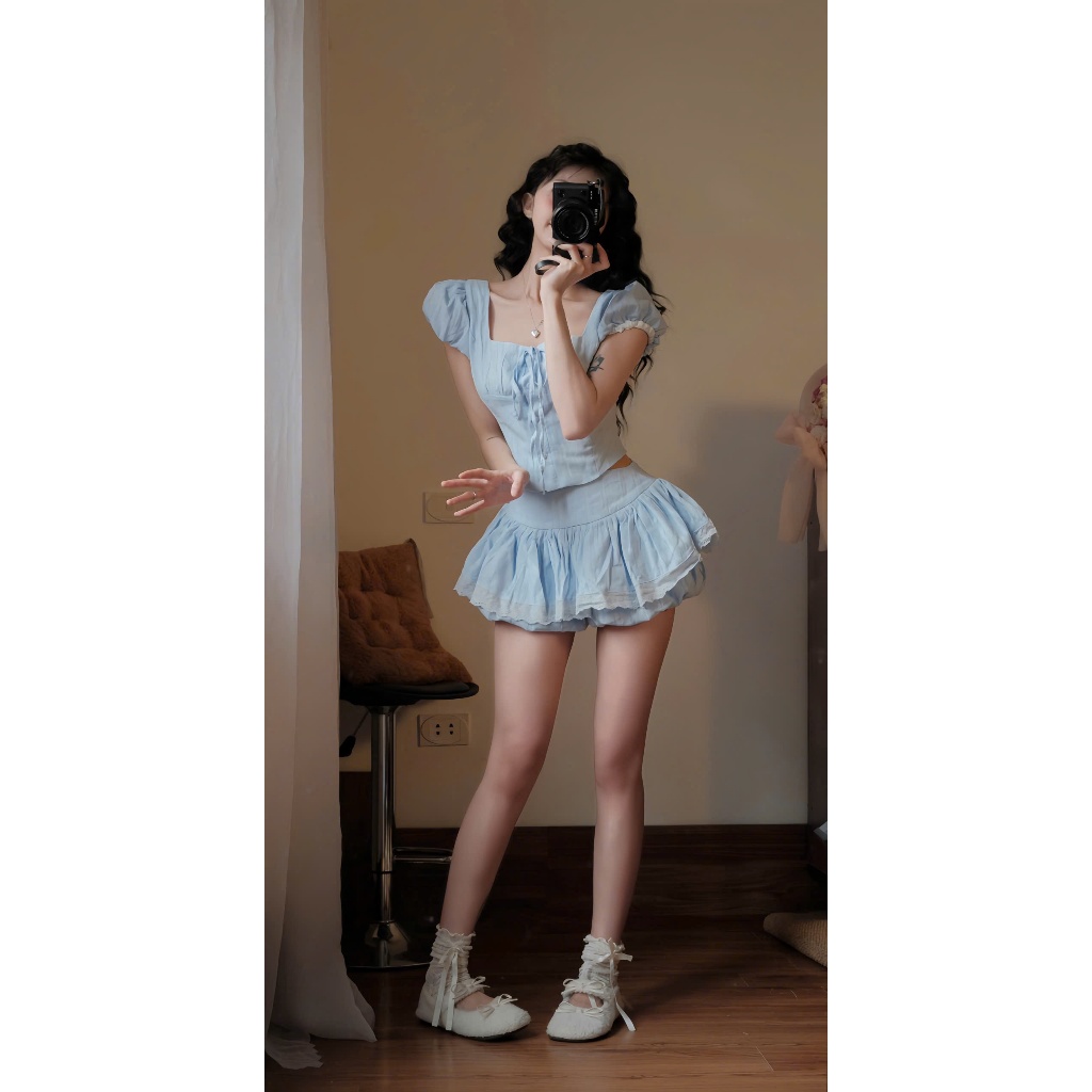 Set áo sơ mi cổ vuông + Quần bí giả váy HH117 HaLuu Store thích hợp cho mùa hè | BigBuy360 - bigbuy360.vn