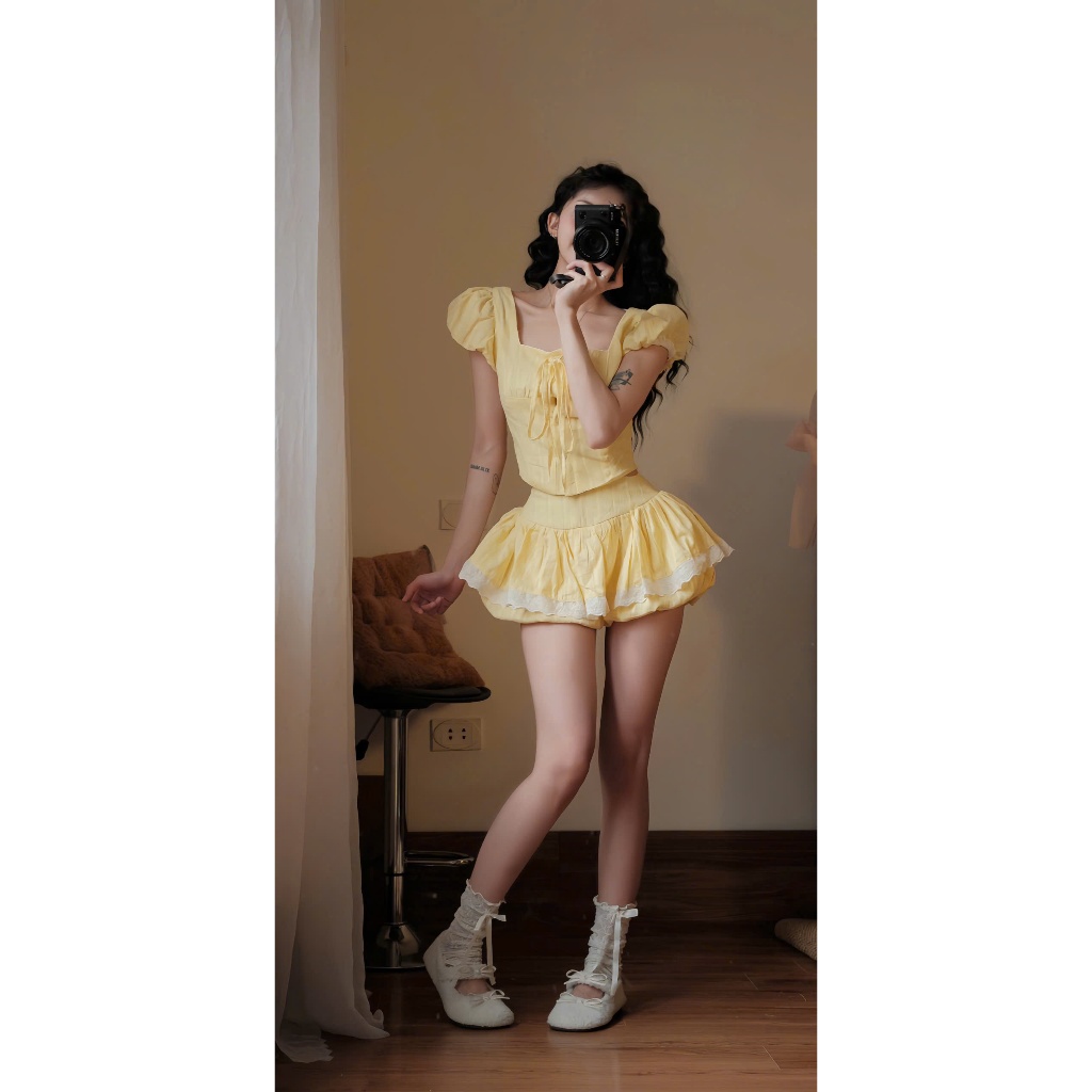 Set áo sơ mi cổ vuông + Quần bí giả váy HH117 HaLuu Store thích hợp cho mùa hè | BigBuy360 - bigbuy360.vn
