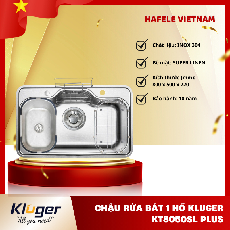 Chậu Rửa Bát 1 Hố Kluger KT8050SL Plus - Chất Liệu Inox 304 - Bề Mặt Sáng Bóng - FEM