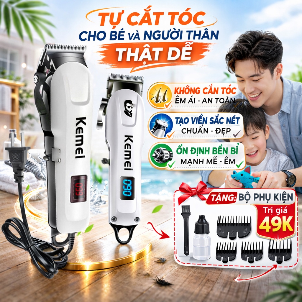 Tông Đơ Cắt Tóc Có Dây Chính Hãng Kemei KM809C Cắm Điện, Tông Đơ Chấn Viền Nam, Người Lớn, Gia Đình