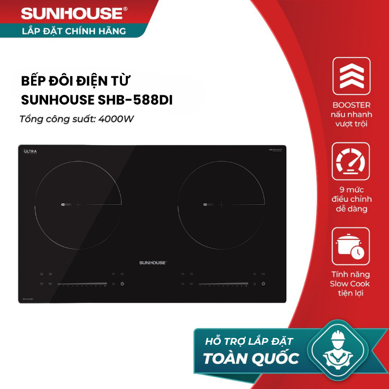 [HỖ TRỢ LẮP ĐẶT] Bếp đôi điện từ Sunhouse SHB-588DI - Booster nấu nhanh - 9 mức chỉnh - Cảm ứng Slider control