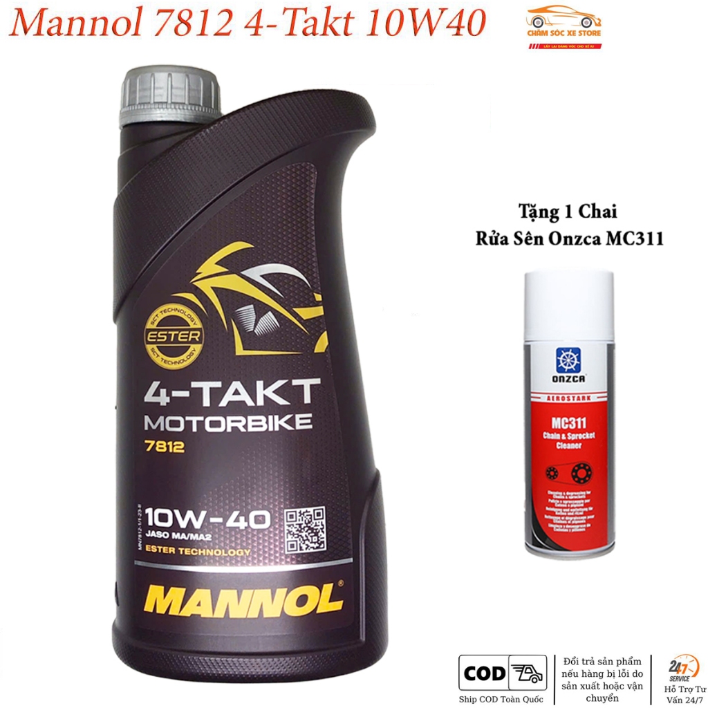 Dầu Nhớt Xe Số, Côn Tay Mannol 7812 MotorBike 4-Takt 10W40 - Tặng Kèm 1 Chai Vệ Sinh Sên Onzca MC311