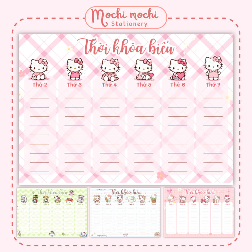 Set 8 thời khóa biểu, time table họa tiết hello kitty hồng dễ thương