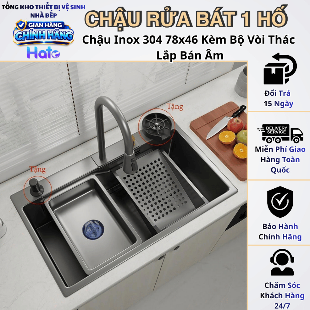 Chậu Rửa Bát 1 Hố Hato INOX 304 Cao Cấp Phủ Nano, Bồn Rửa Chén 1 Ngăn Kèm Vòi Thác Nước, Dây Rút,Thớt, Khay Rửa, Xiphong