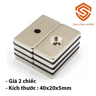 2 viên nam châm đát hiếm 40x20x5mm 1 lỗ bắt vít từ tính mạnh