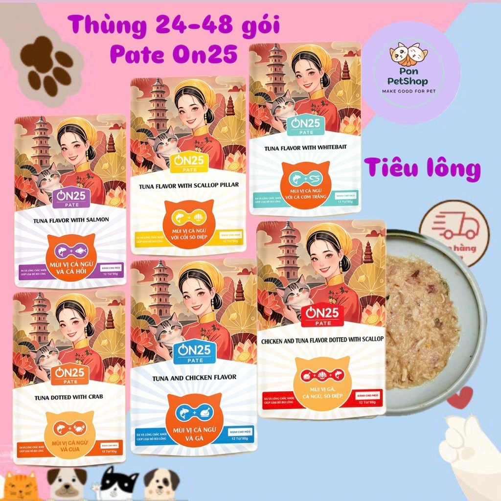[Thùng 24-48 gói] Pate cho mèo On25 gói 80gr giúp mượt lôn , tiêu búi lông pate on25