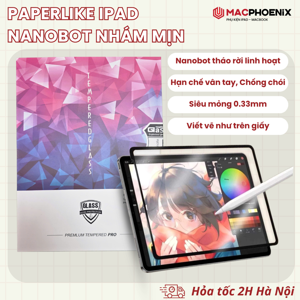 [Paperlike Nhám Mịn] Dán Màn Hình iPad Macphoenix, Nano Tháo Rời, Chống Chói, Viết Vẽ Như Giấy - C05