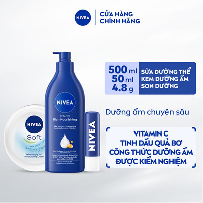 Bộ 3 Sữa Dưỡng Thể NIVEA Dưỡng Ẩm Chuyên Sâu 500ml + Kem Dưỡng Mềm Da NIVEA 50ml + Son Dưỡng 4.8g - 80212+89054+85061