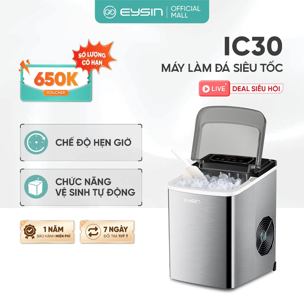 Máy Làm Đá EYSIN IC30 Làm Đá Viên Nhanh Tự Động Màn Hình Đếm Ngược Thông Minh Hẹn Giờ Làm Đá Chế Độ 