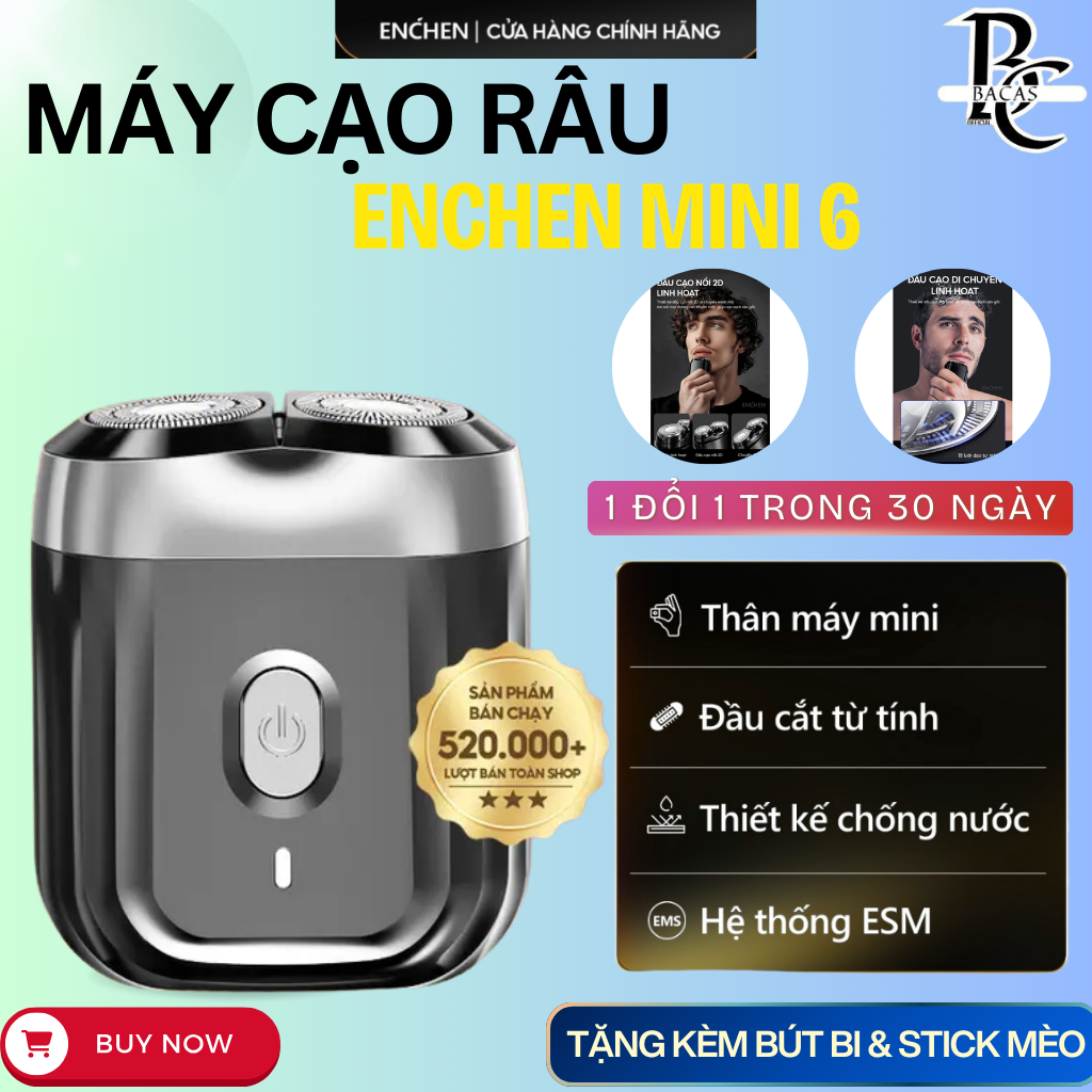 Máy Cạo Râu Enchen Mini 6 Chính Hãng, Cạo Sạch Êm Ái, Lưỡi Dao Kép Tự Mài, Chống Nước IPX7, Pin Trâu