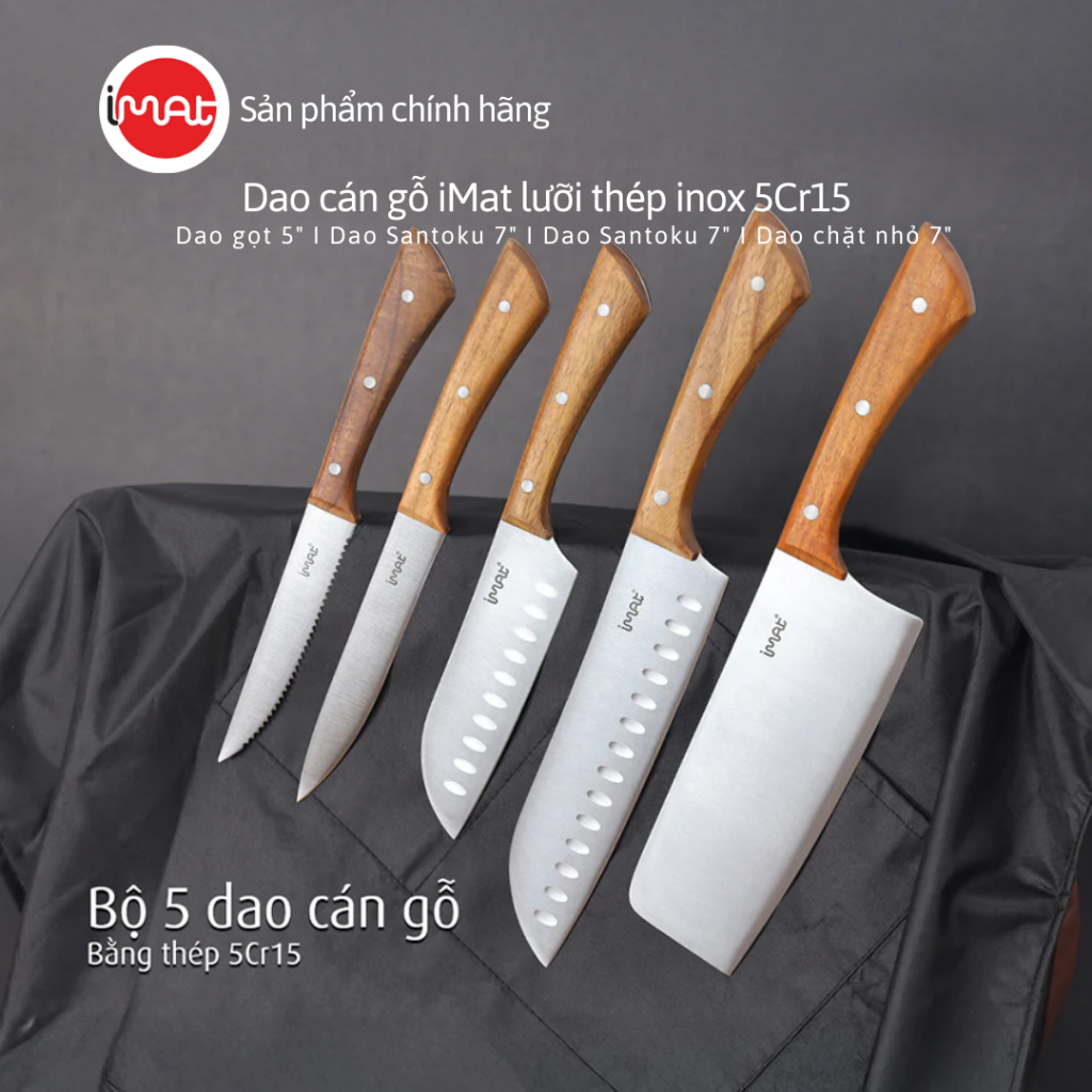 Dao lưỡi thép cán gỗ iMat nhiều kích cỡ lựa chọn, sử dụng đa năng trong nhà bếp, Ống cắm dao iMat
