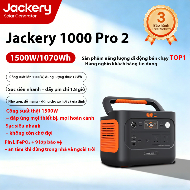 Jackery 1000Pro2 1kWh 1500W – Bán chạy TOP1, sạc nhanh, siêu nhẹ, dùng trong nhà cắm trại & khẩn cấp